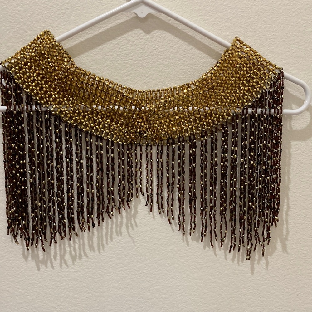 Pre-owned Belly Dancing Elastic Beaded Skirt Gold Tone with Brown Beaded Fringe